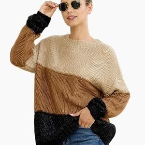 Colorblock Cozy Knit Sweater - Cream, Brown & Black
